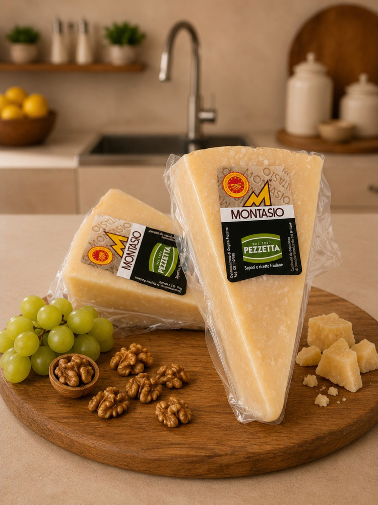 Montasio stravecchio DOP, 18 luni, 300 gr 2 Montasio Stravecchio DOP 300 gr, 18 luni - branza montana Pezzetta