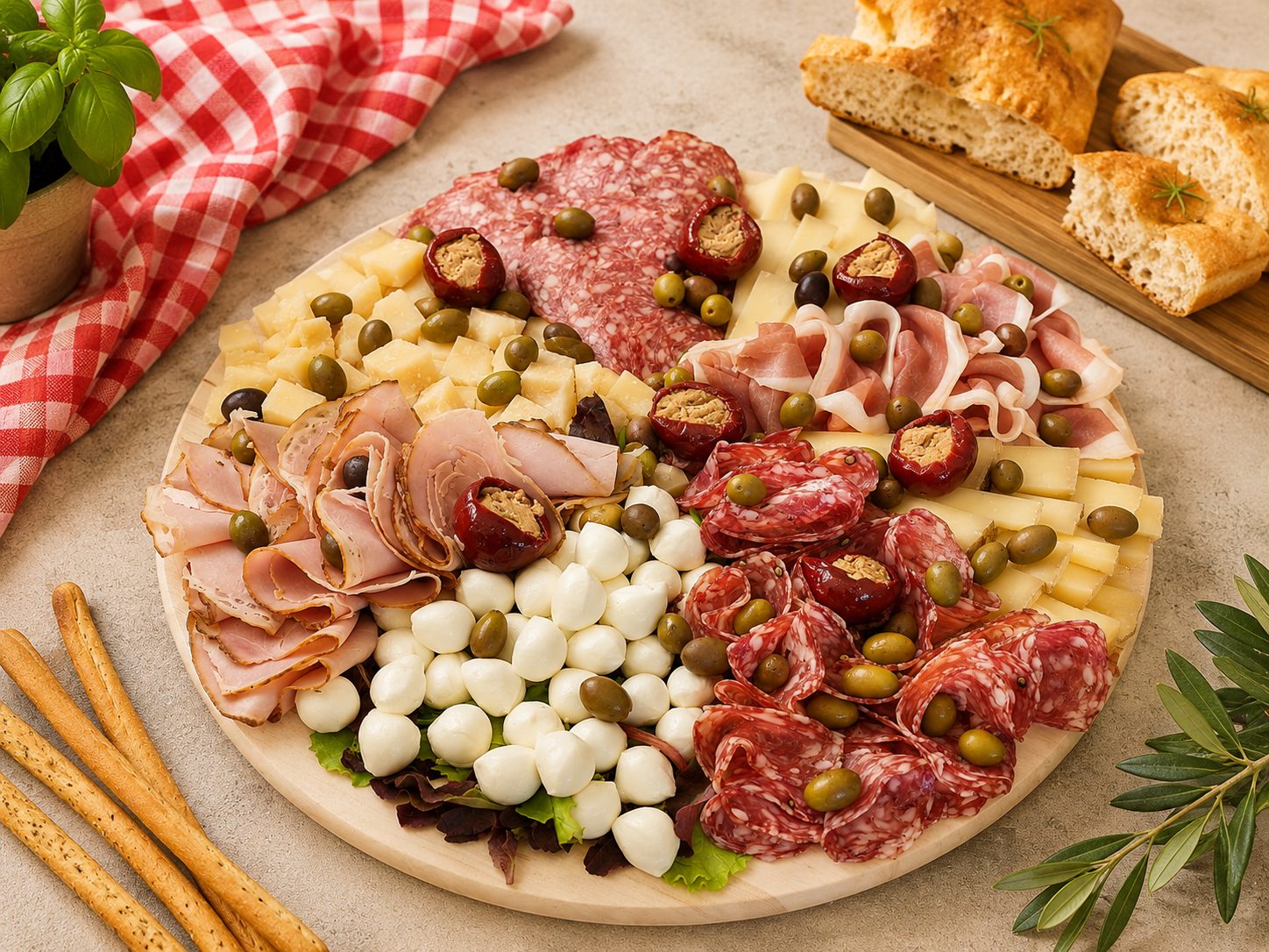 Platou de catering italian cu mezeluri, brânzeturi și panini, pregătit de Degusteria Francesca